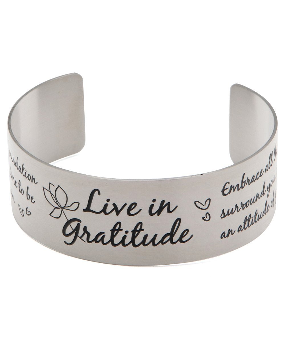 Live in Gratitude Stainless Steel Adjustable Inspirational Cuff Bracelet