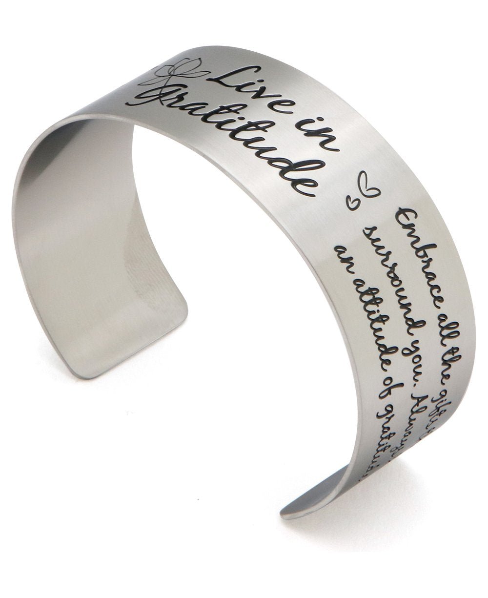 Live in Gratitude Stainless Steel Adjustable Inspirational Cuff Bracelet